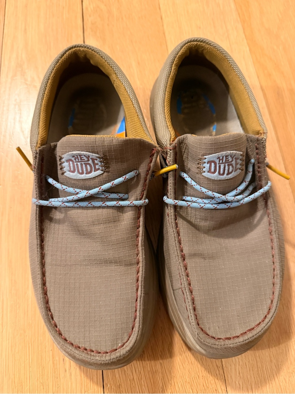 Hey Dude Men’s Tan Slip-On Loafers with Light Blue Laces